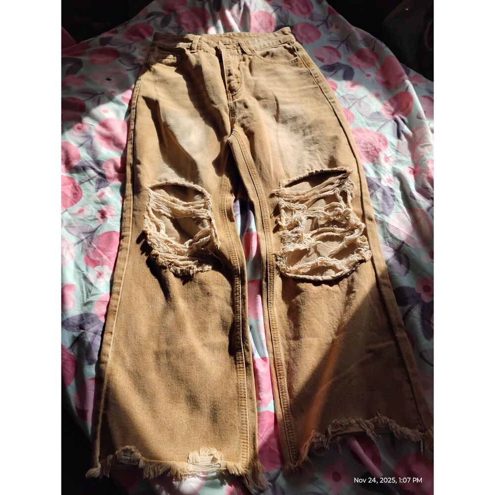 Women's Wide Leg Brown Faded Ripped Jeans size L ...(Jeans)